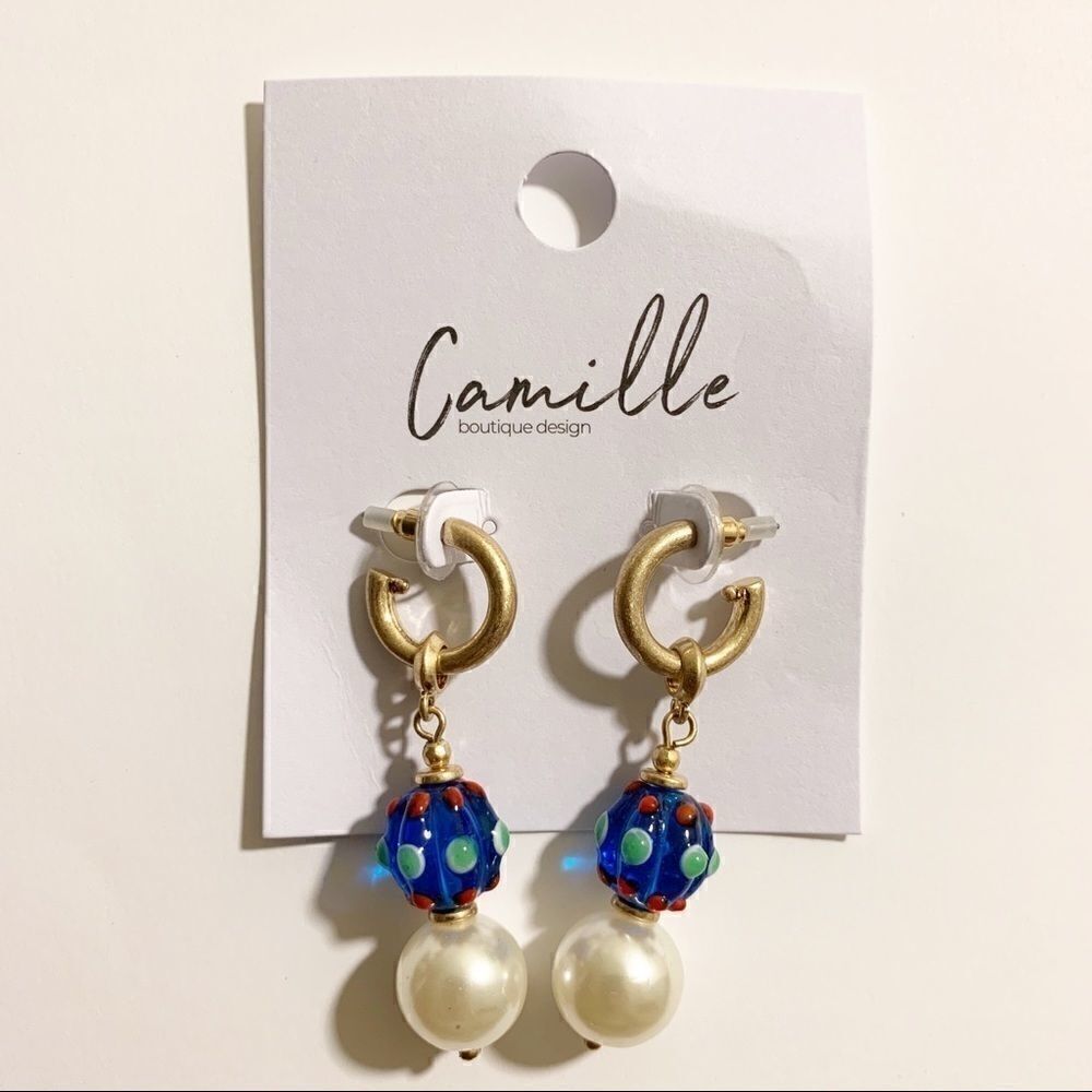 Colorful Glass Circle Ball Pearl Drop Earrings